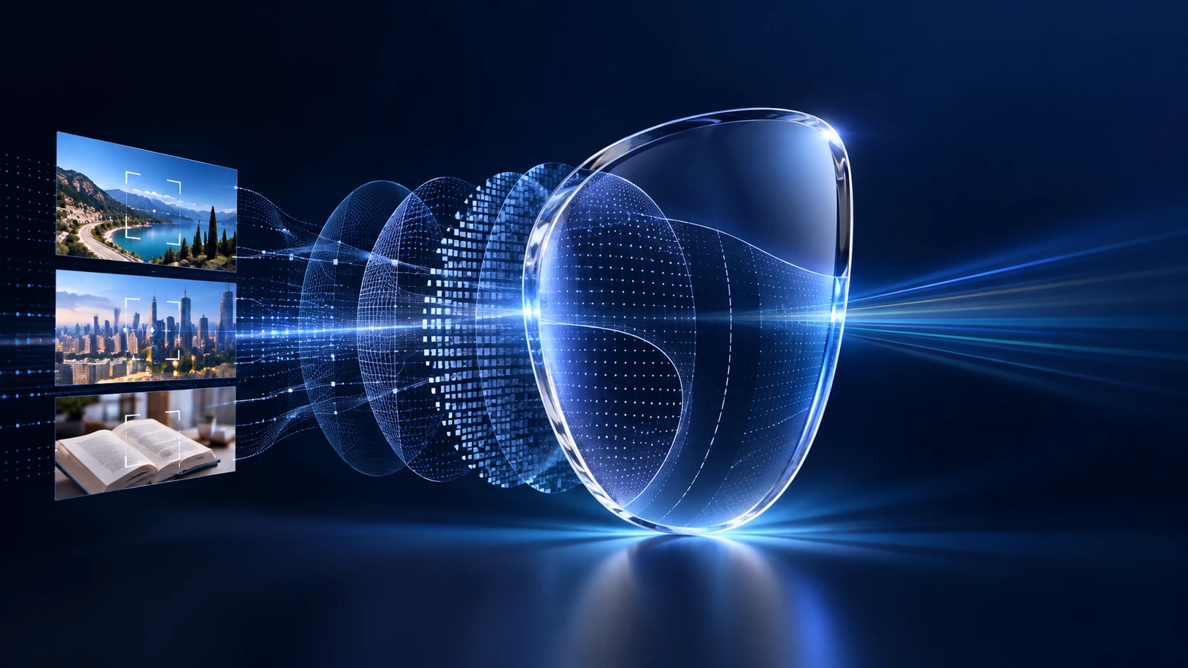 Visual scenes and digital calculation layers converging into a progressive lens design, representing AI-assisted design before manufacturing.