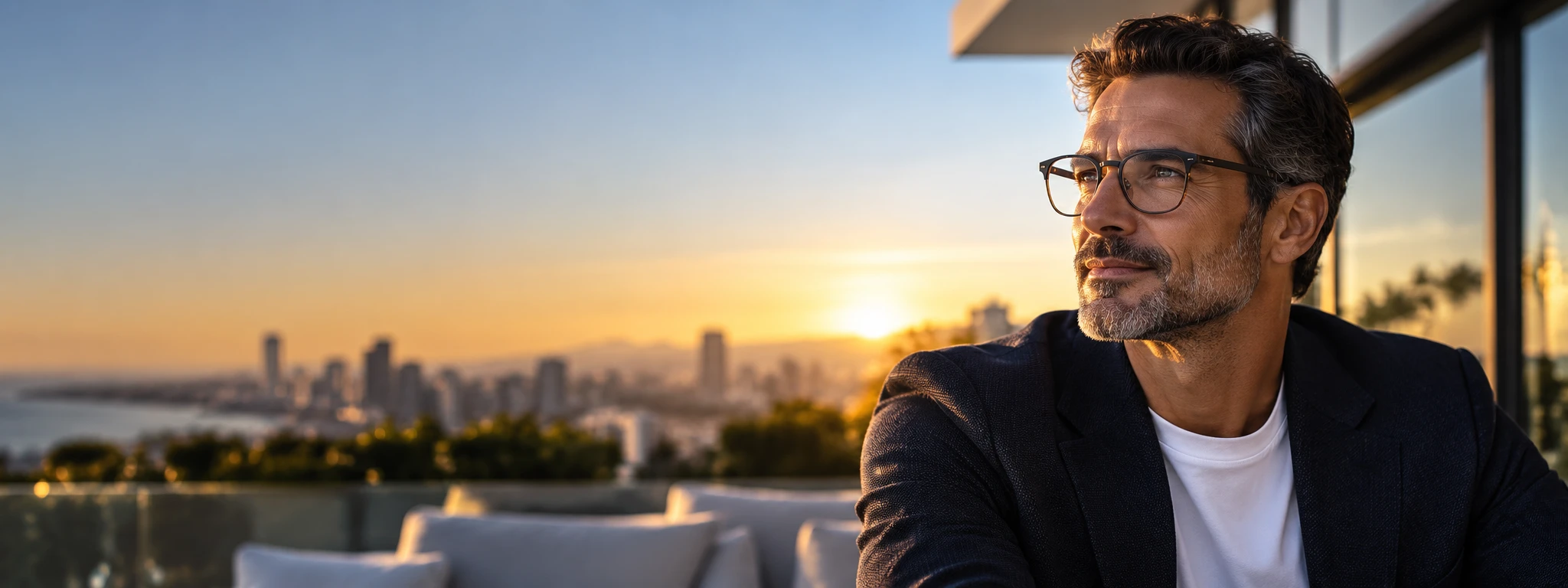 A man in modern eyeglasses looking out over a city skyline at sunset.
