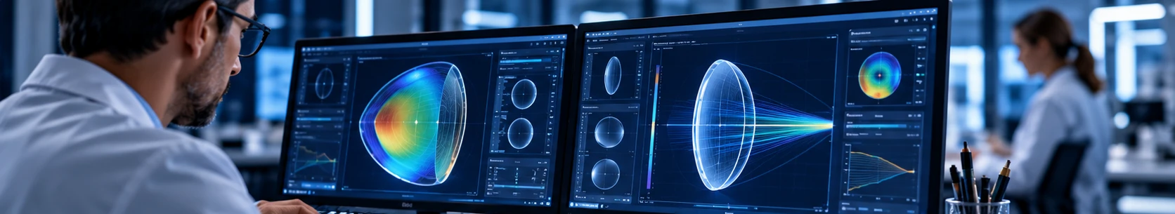 An optical engineer reviewing a digital lens surface map and optical calculations on two monitors.